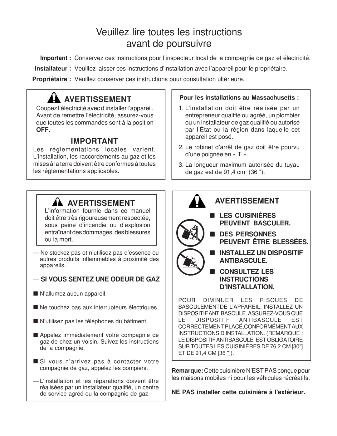 Thermador PD30 Veuillez lire toutes les instructions Avant de poursuivre, Avertissement, SI Vous Sentez UNE Odeur DE GAZ 