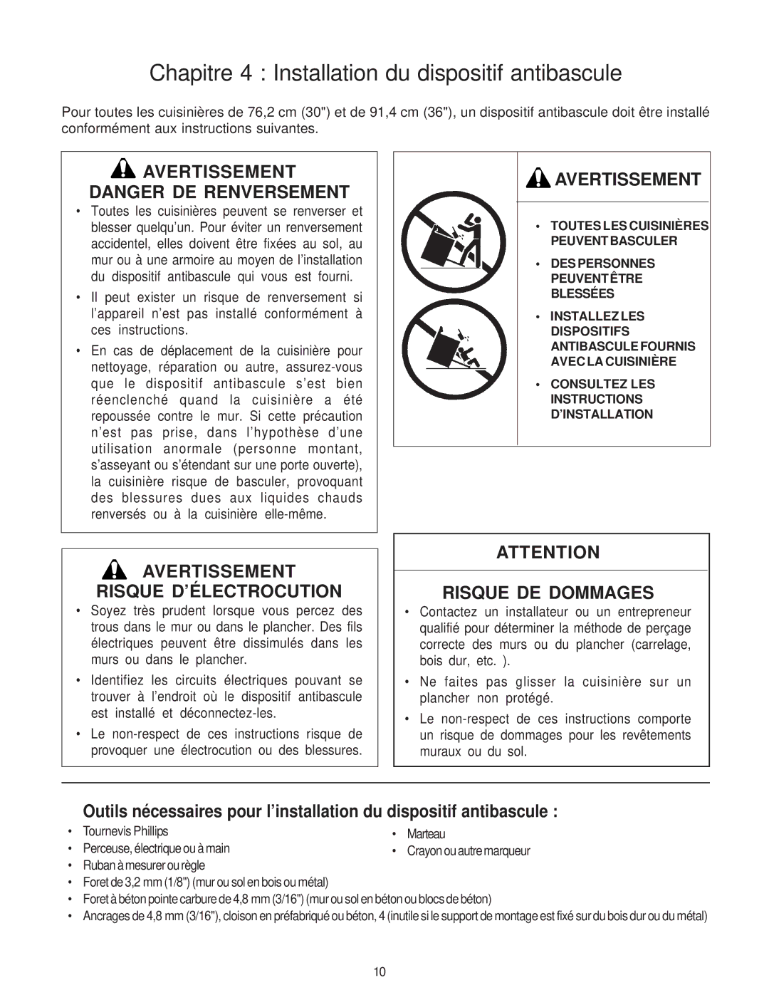 Thermador PD30 Chapitre 4 Installation du dispositif antibascule, Avertissement Danger DE Renversement, Risque DE Dommages 