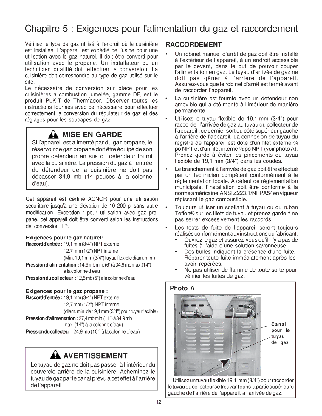 Thermador PD30 installation instructions Raccordement, Exigences pour le gaz naturel 