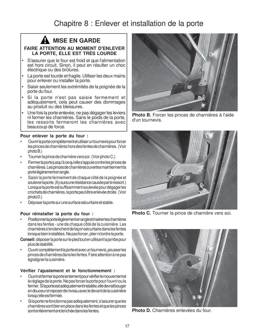 Thermador PD30 installation instructions Chapitre 8 Enlever et installation de la porte, Pour enlever la porte du four 