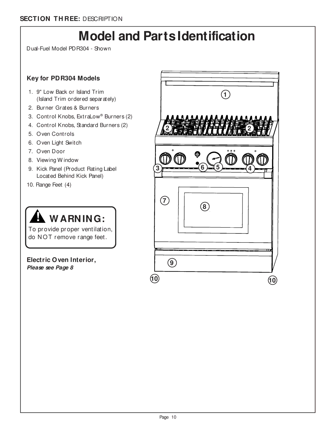 Thermador LB48R, PDR484GG, LB36R, PDR364GL manual Key for PDR304 Models, Dual-Fuel Model PDR304 Shown 