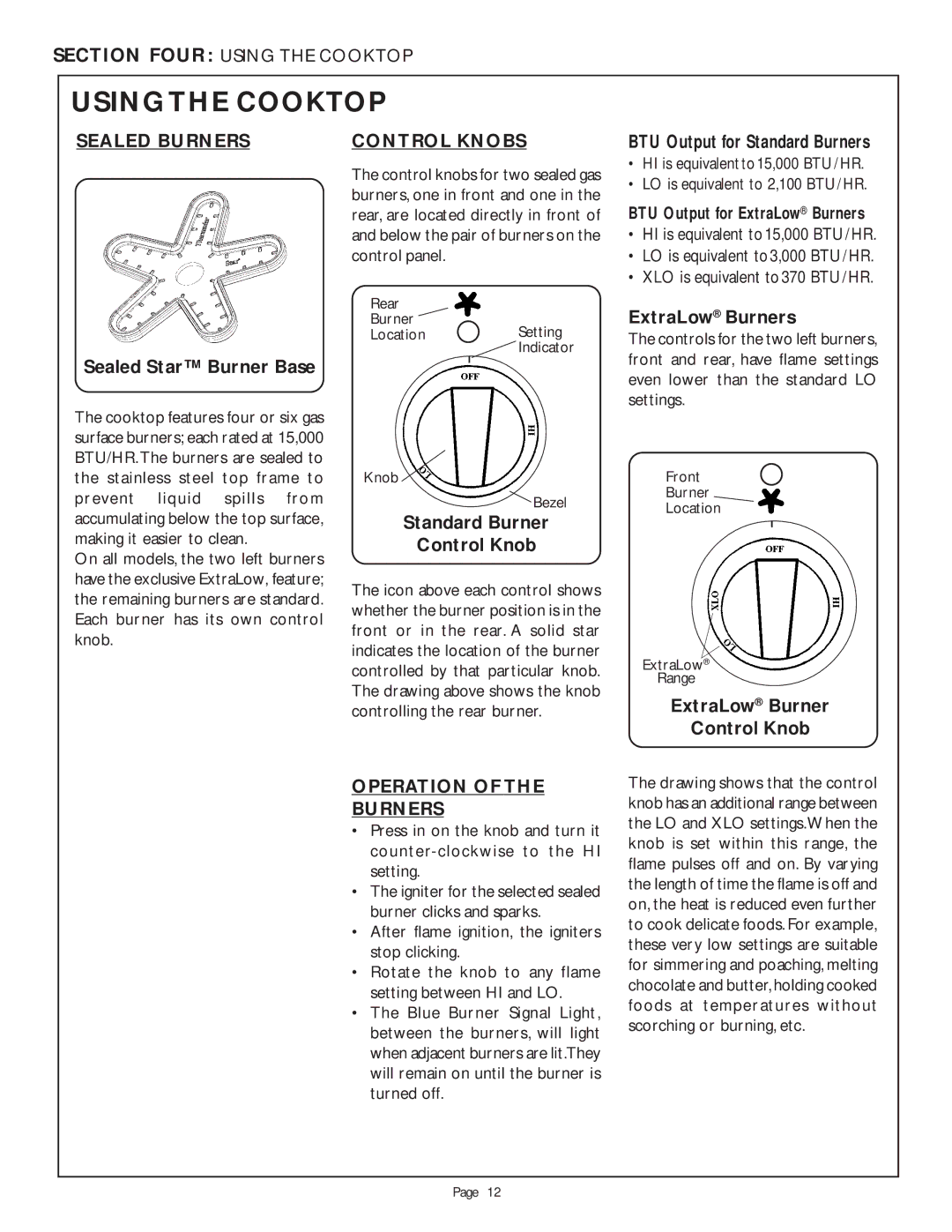 Thermador PDR484GG, PDR30, PDR36, LB36R, LB48R Usingthe Cooktop, Sealed Burners Control Knobs, Operation of the Burners 