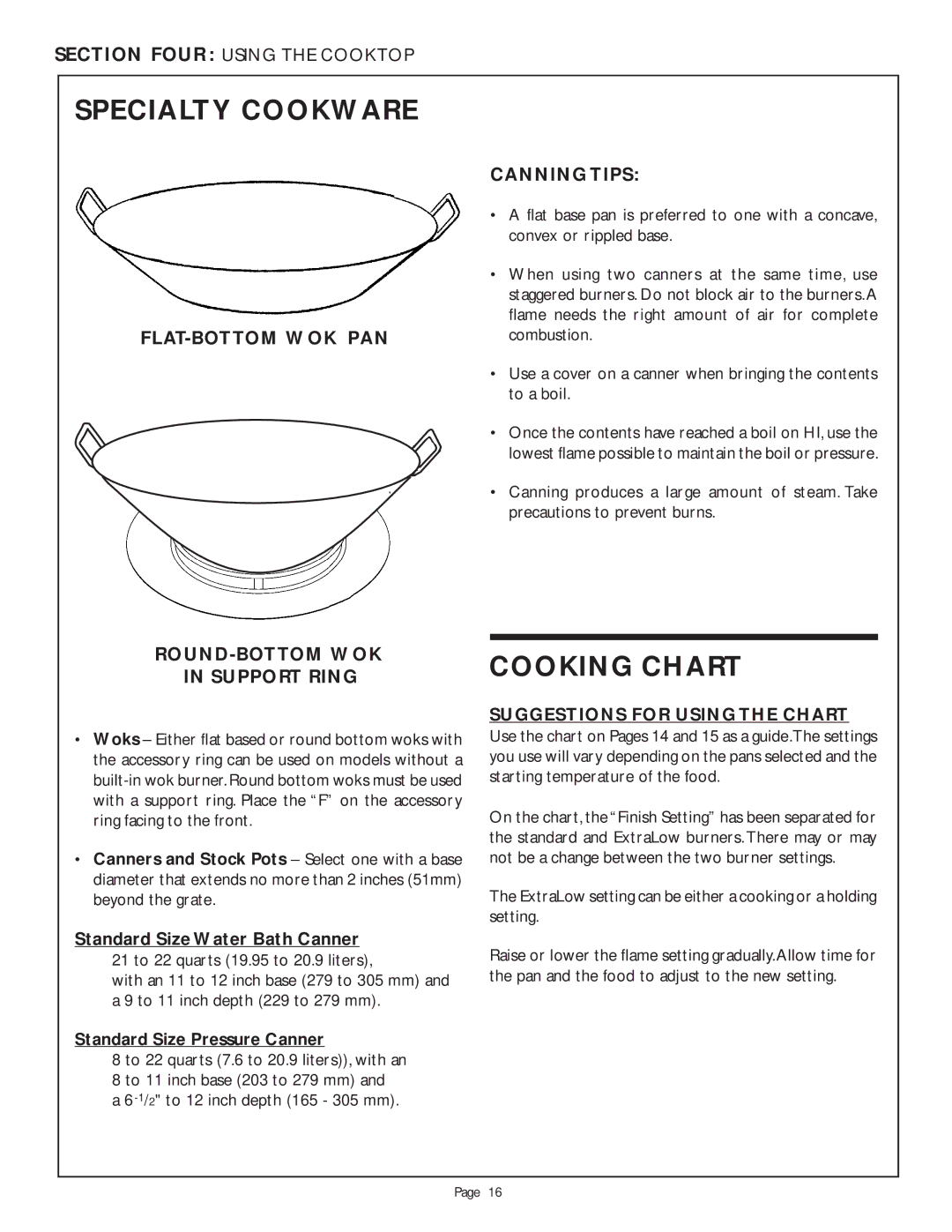 Thermador PDR36, PDR30 Specialty Cookware, Cooking Chart, FLAT-BOTTOM WOK PAN Canning Tips, ROUND-BOTTOM WOK Support Ring 