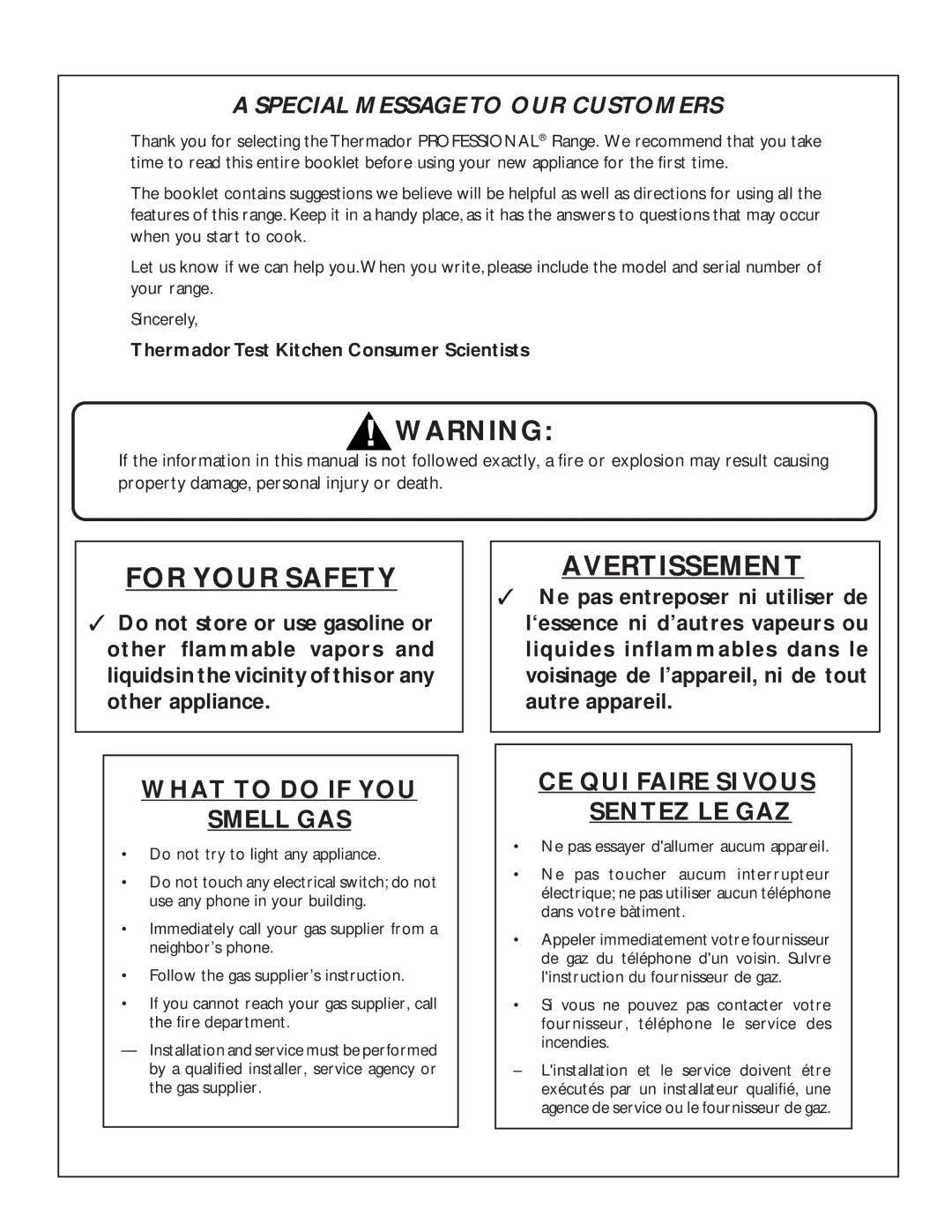 Thermador PDR36, PDR484GG, PDR30, LB36R, LB48R For Your Safety, Avertissement, Thermador Test Kitchen Consumer Scientists 