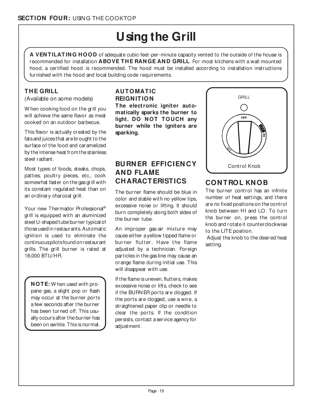 Thermador PDR304 Using the Grill, Burner Efficiency and Flame Characteristics, Control Knob, Grill Automatic, Reignition 