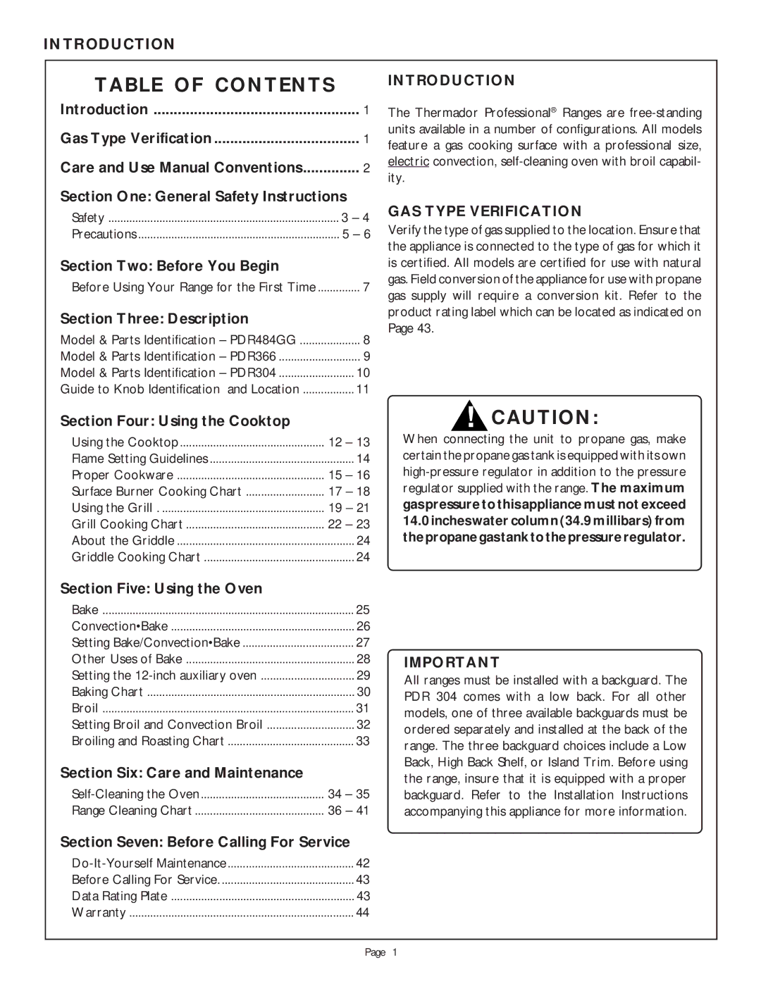 Thermador LB36R, PDR484GG, LB48R, PDR304, PDR364GL manual Table of Contents 