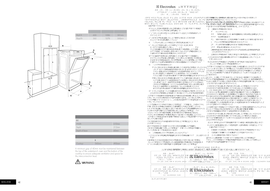 Thermador POR783, PDR790 Installation, Double Ovens, Cooktop cut-out dimensions combo models, Cooktop cut-out Dimensions 