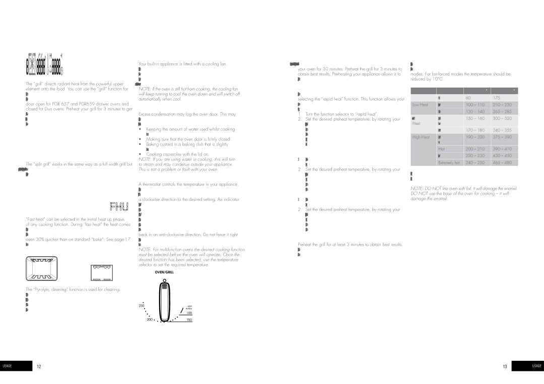 Thermador POR663, PDR790 Grill split, Pyrolytic cleaning, Condensation, Pre-heating your appliance, Oven Temperature C 