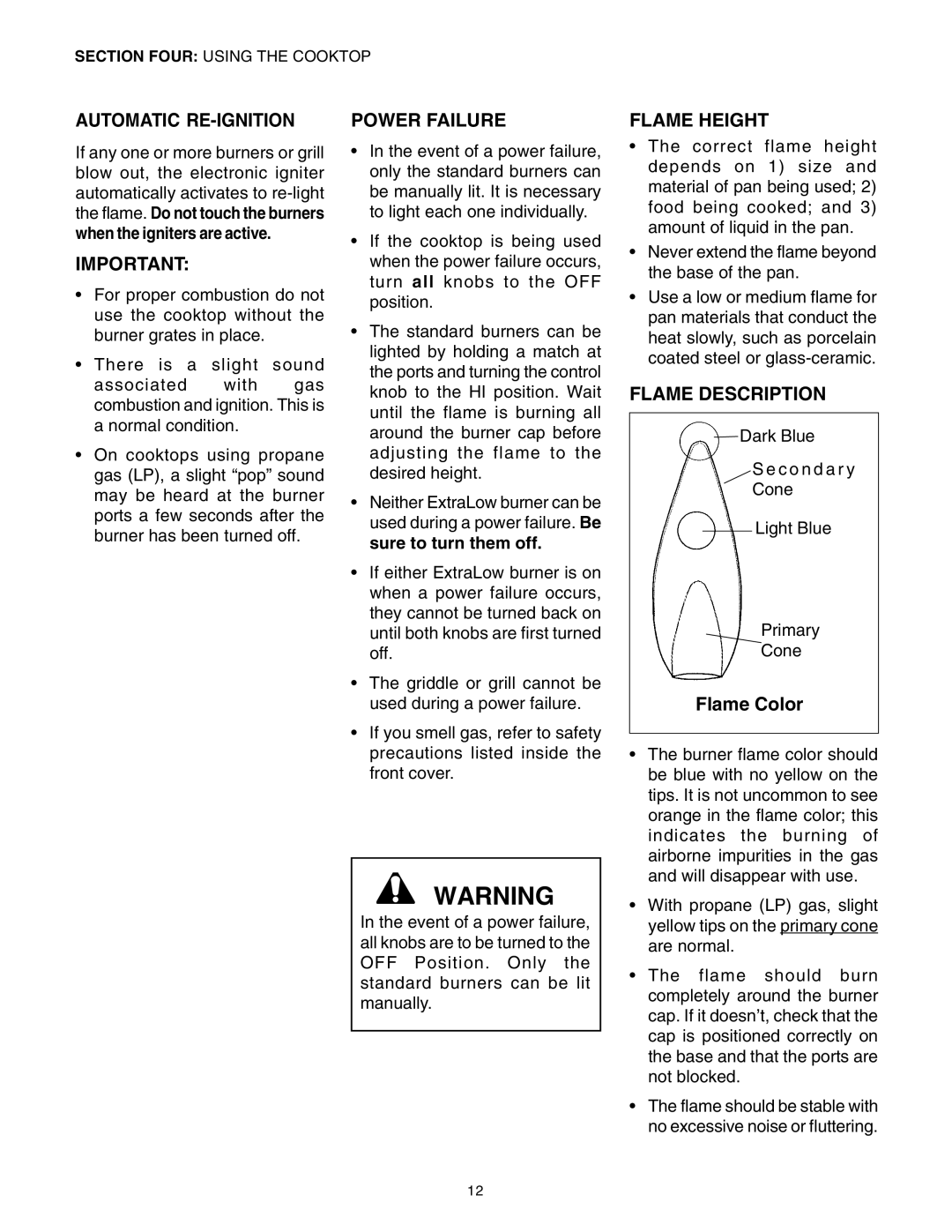 Thermador PG30 manuel dutilisation Automatic RE-IGNITION, Power Failure, Flame Height, Flame Description, Flame Color 