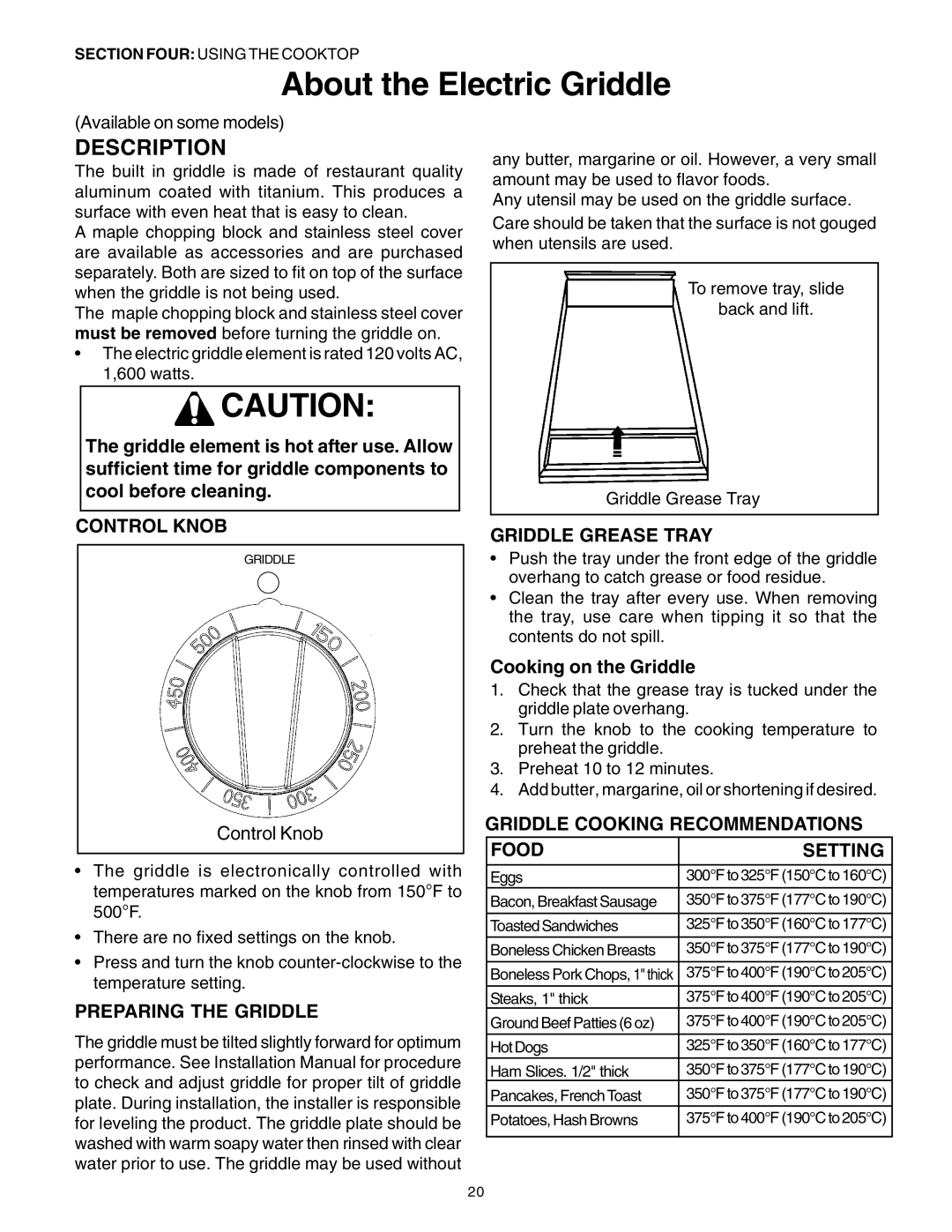 Thermador PG30 About the Electric Griddle, Preparing the Griddle, Griddle Grease Tray, Cooking on the Griddle 