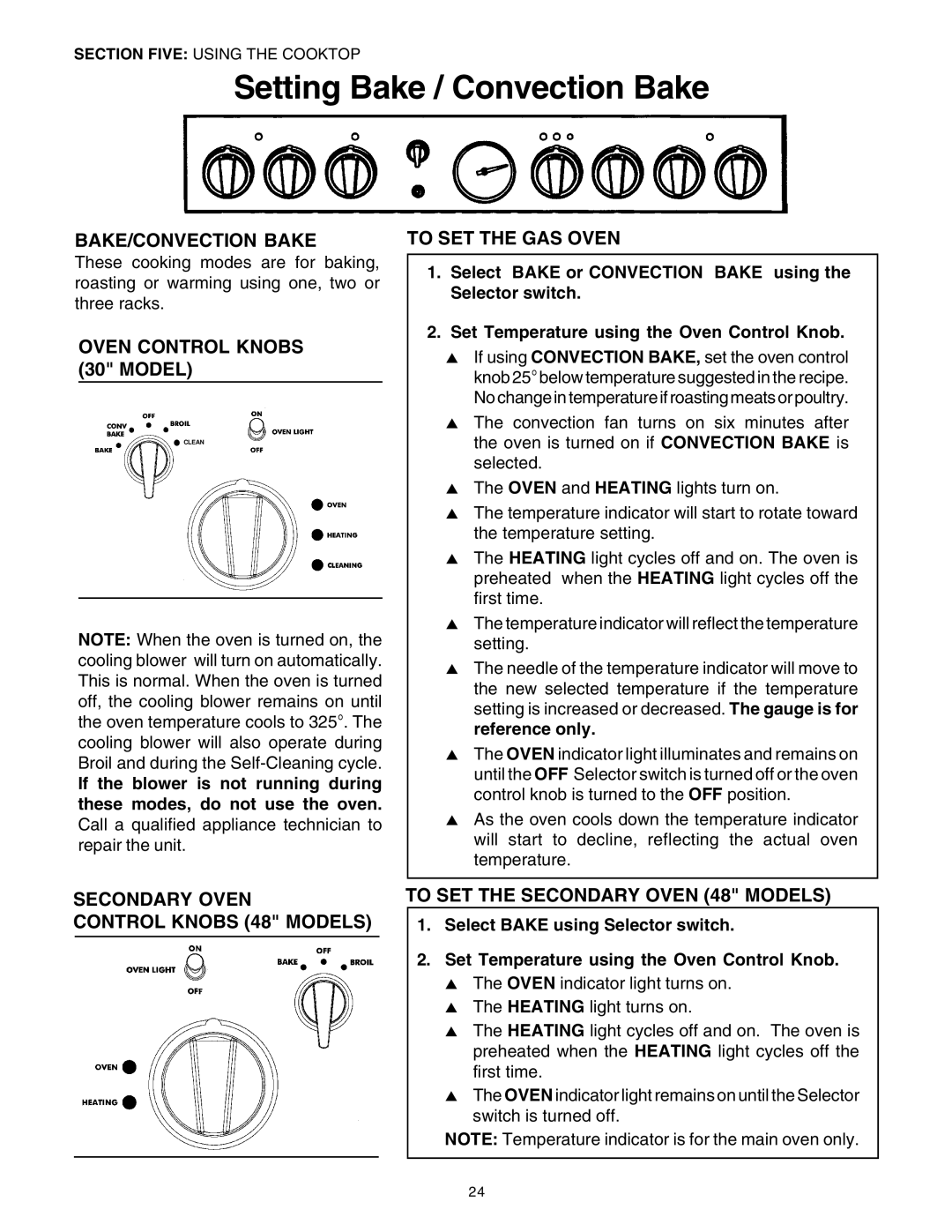 Thermador PG30 Setting Bake / Convection Bake, BAKE/CONVECTION Bake, Oven Control Knobs 30 Model, To SET the GAS Oven 