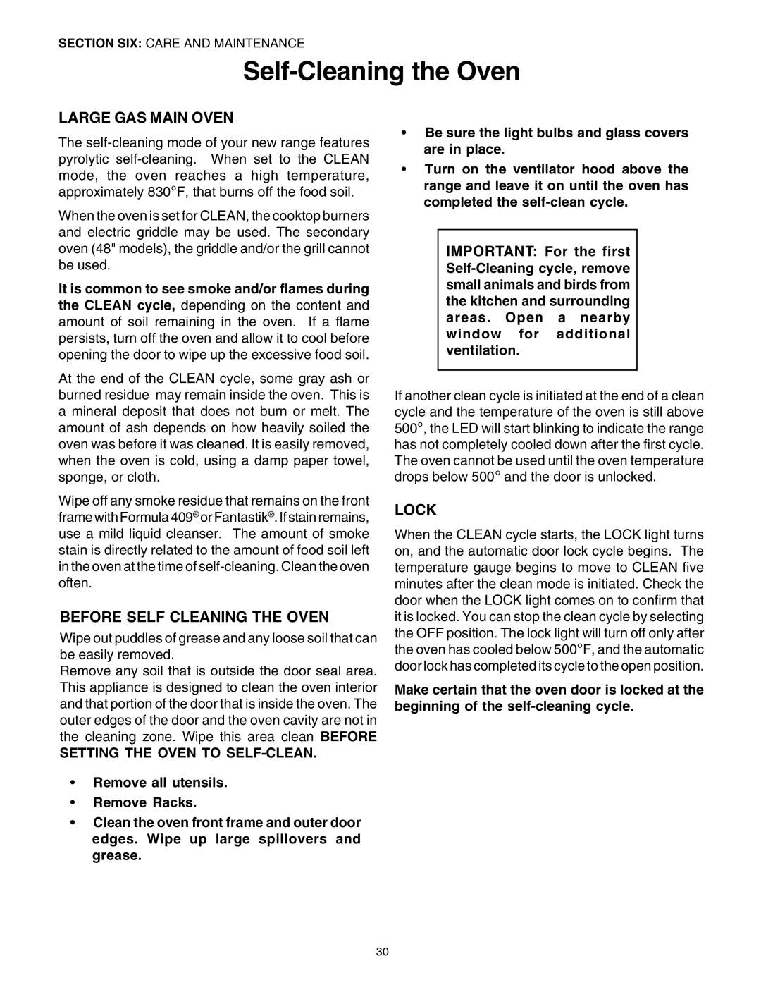 Thermador PG30 manuel dutilisation Self-Cleaning the Oven, Large GAS Main Oven, Before Self Cleaning the Oven, Lock 