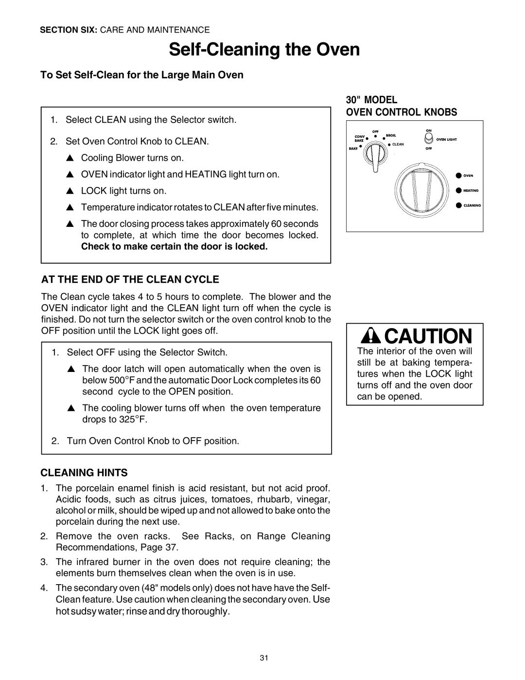 Thermador PG30 To Set Self-Clean for the Large Main Oven, Model Oven Control Knobs, AT the END of the Clean Cycle 