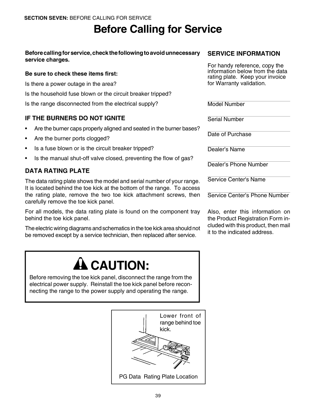 Thermador PG30 Before Calling for Service, If the Burners do not Ignite, Service Information, Data Rating Plate 