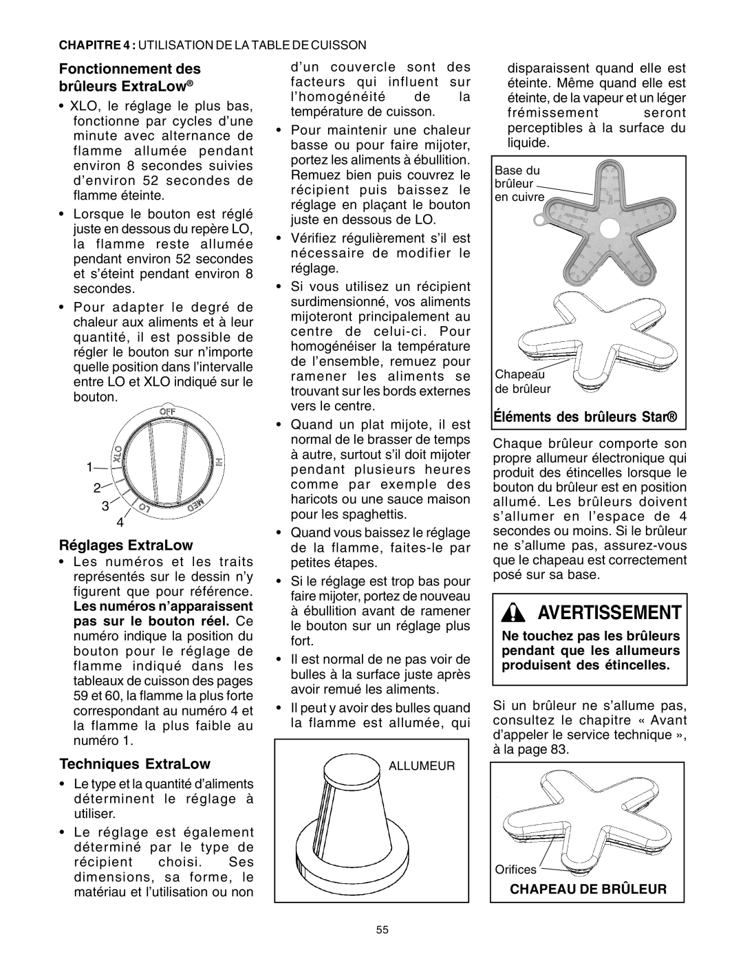 Thermador PG30 Fonctionnement des brûleurs ExtraLow, Réglages ExtraLow, Techniques ExtraLow, Éléments des brûleurs Star 