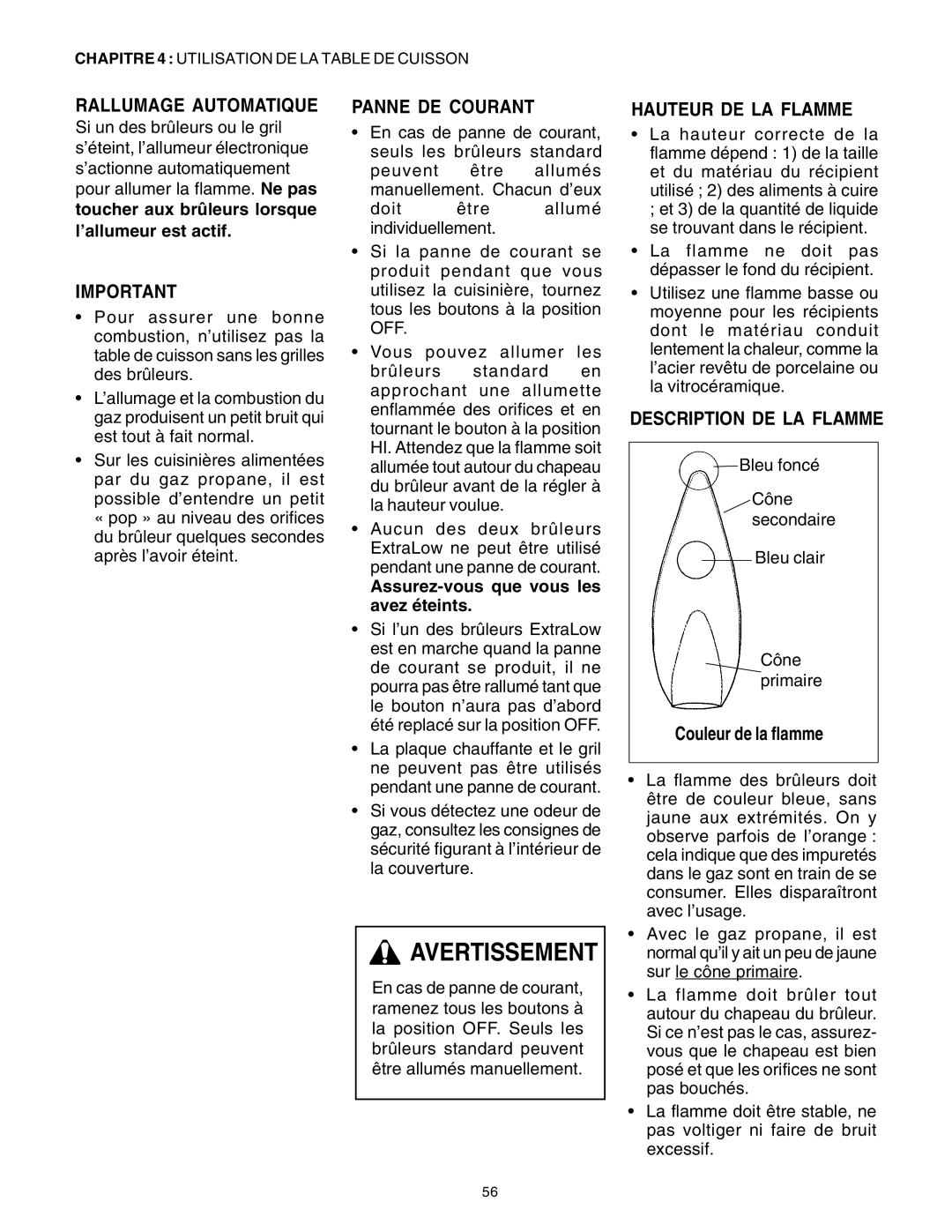 Thermador PG30 manuel dutilisation Rallumage Automatique, Panne DE Courant, Hauteur DE LA Flamme, Description DE LA Flamme 