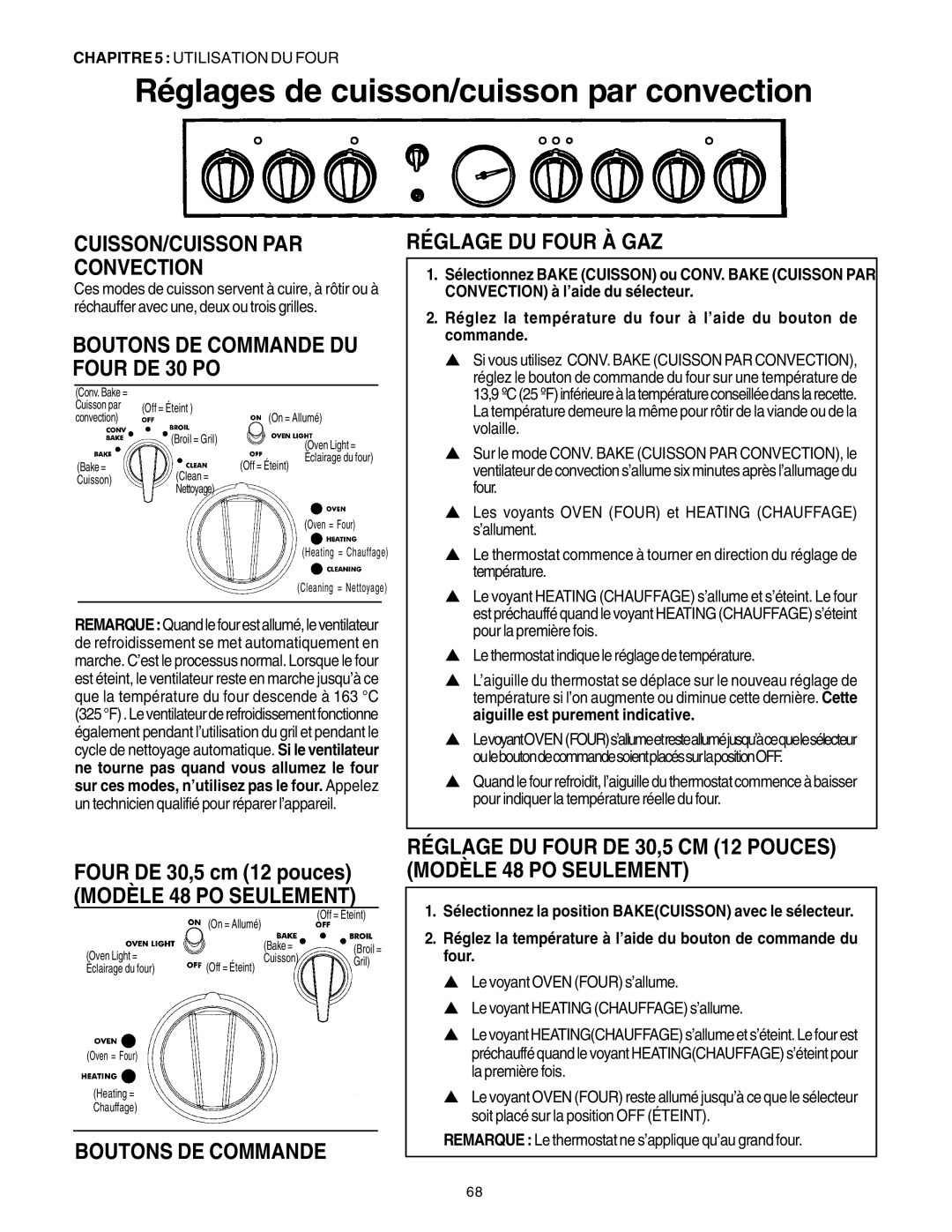 Thermador PG30 Réglages de cuisson/cuisson par convection, CUISSON/CUISSON PAR Convection, Réglage DU Four À GAZ 