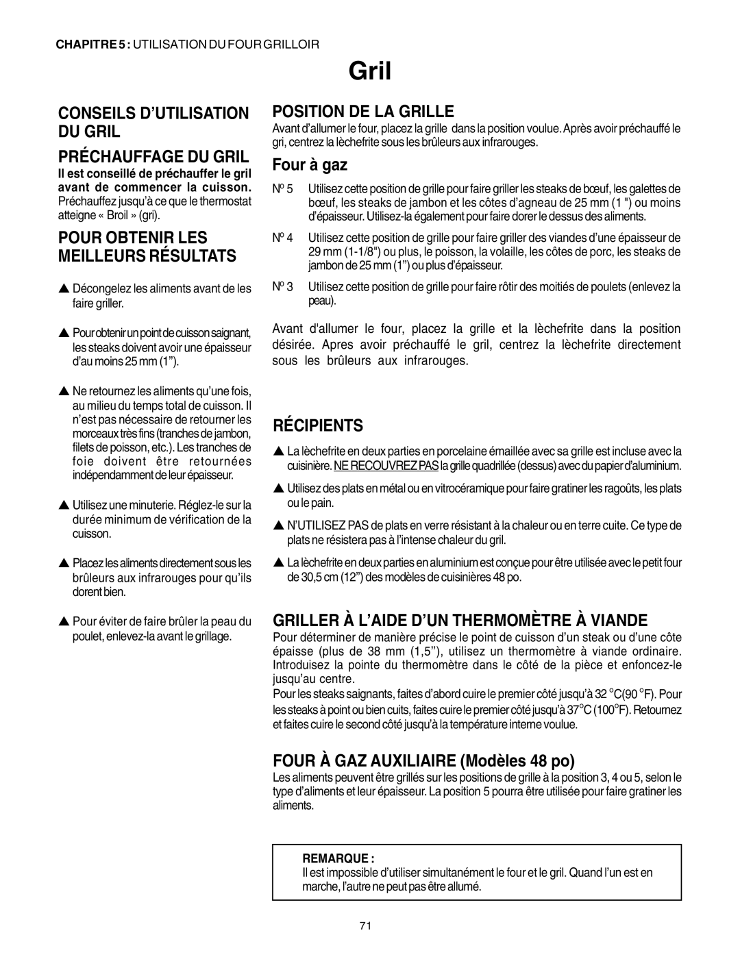 Thermador PG30 manuel dutilisation Position DE LA Grille, Récipients, Griller À L’AIDE D’UN Thermomètre À Viande 