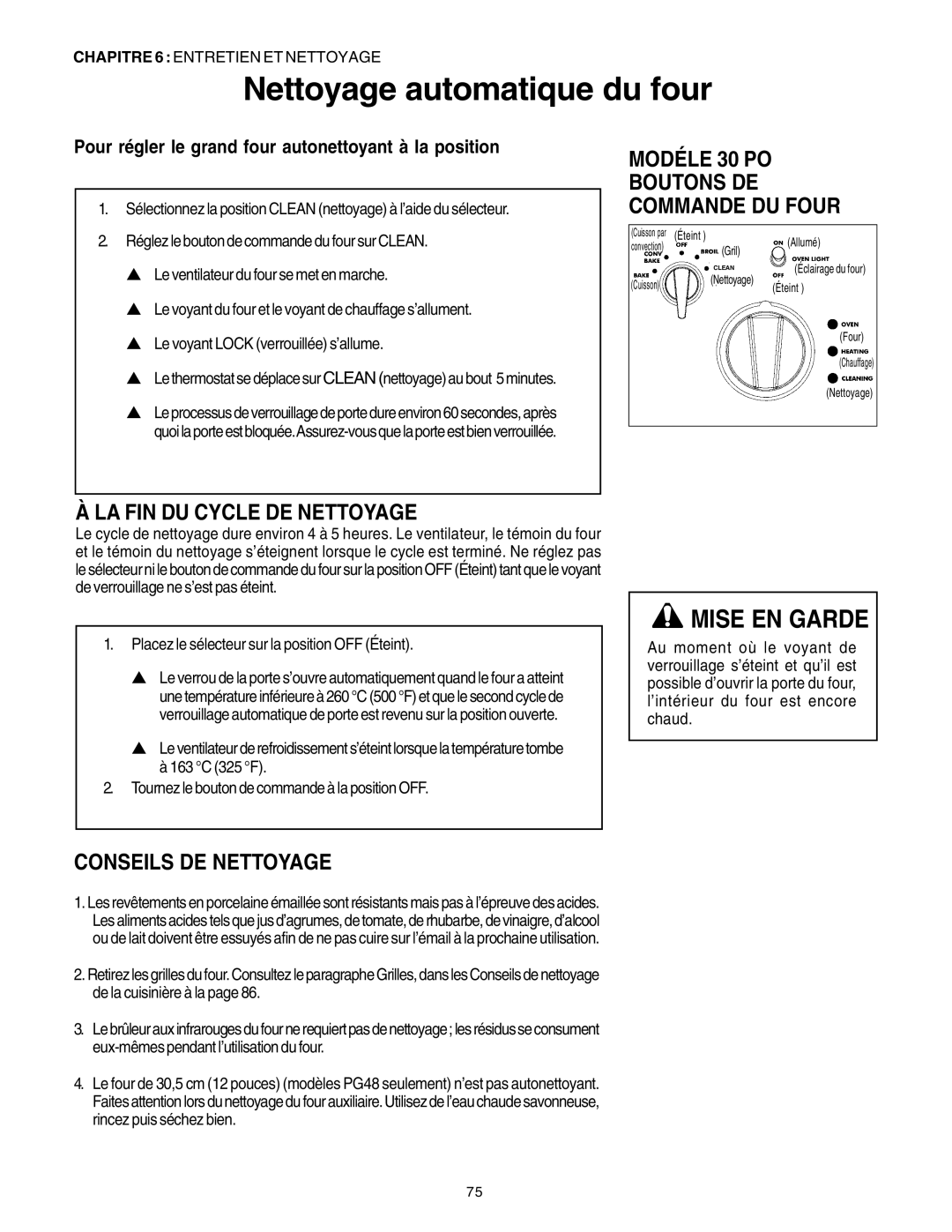 Thermador PG30 Modéle 30 PO, LA FIN DU Cycle DE Nettoyage, Conseils DE Nettoyage, Boutons DE Commande DU Four 