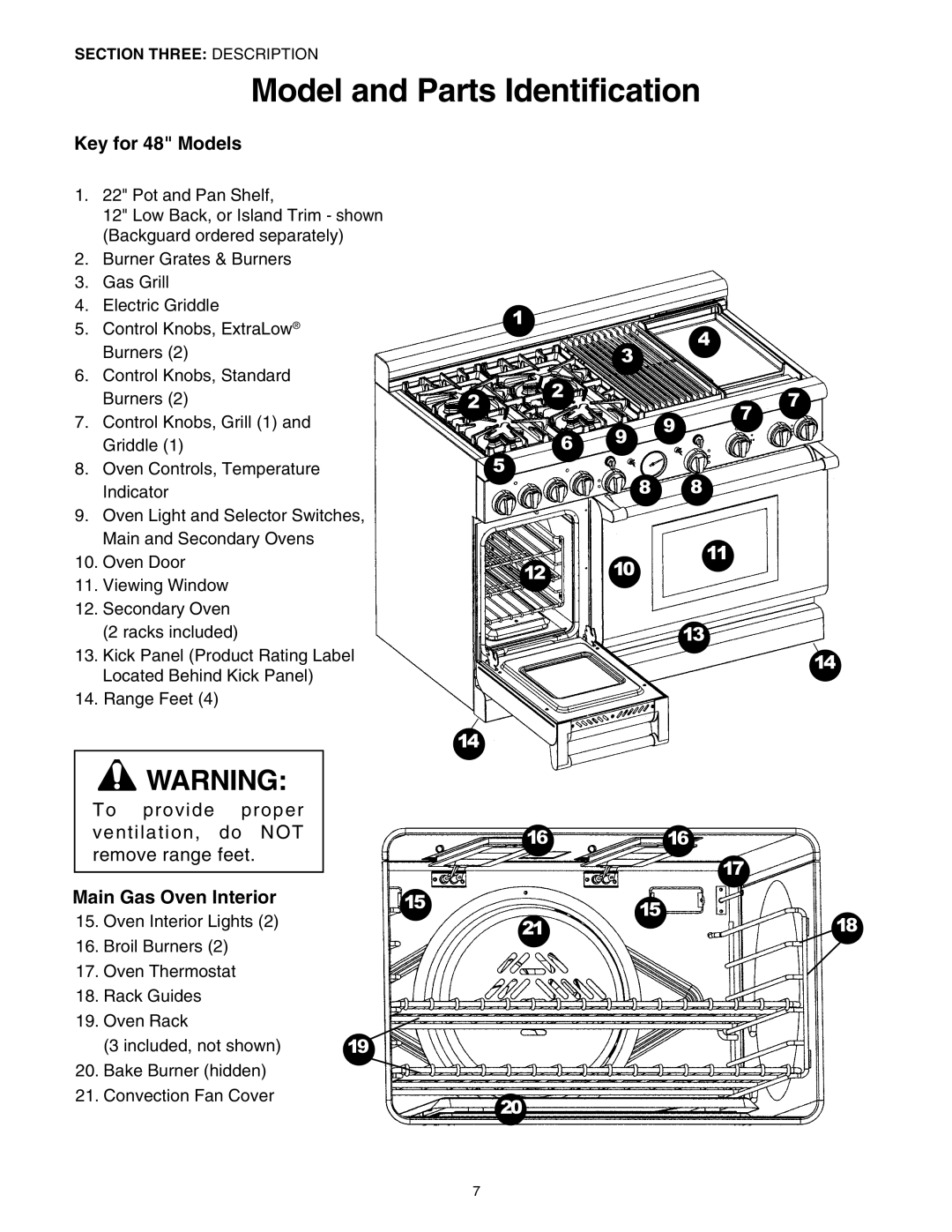 Thermador PG30 manuel dutilisation Model and Parts Identification, Key for 48 Models, Main Gas Oven Interior 