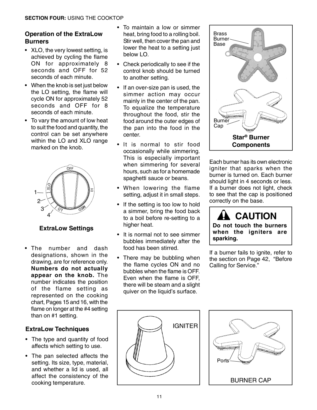 Thermador PG30 Operation of the ExtraLow Burners, ExtraLow Settings, ExtraLow Techniques, Star Burner Components, Igniter 