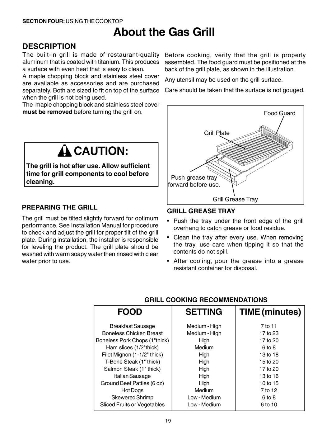 Thermador PG30 About the Gas Grill, Food, Setting, TIME minutes, Description, Preparing The Grill, Grill Grease Tray 