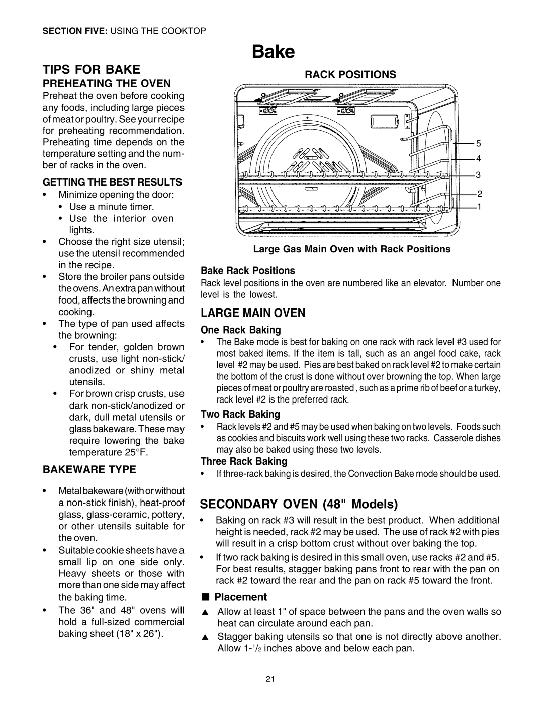 Thermador PG30 Tips For Bake, Large Main Oven, SECONDARY OVEN 48 Models, Preheating The Oven, Bakeware Type, Placement 