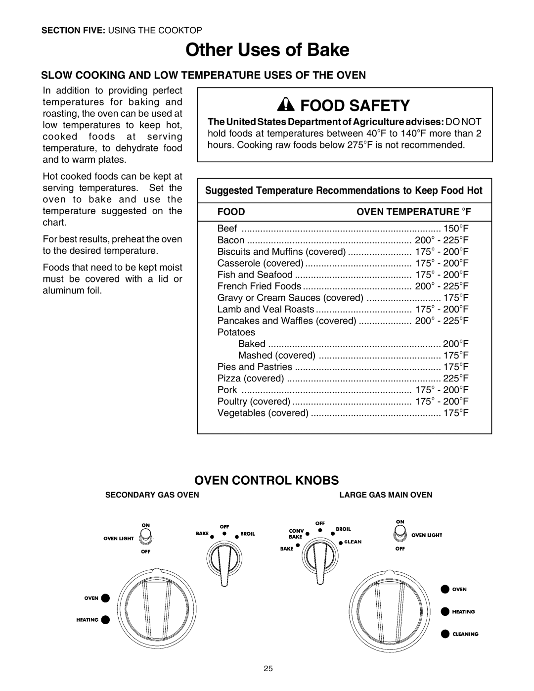 Thermador PG30 Other Uses of Bake, Food Safety, Oven Control Knobs, Slow Cooking And Low Temperature Uses Of The Oven 