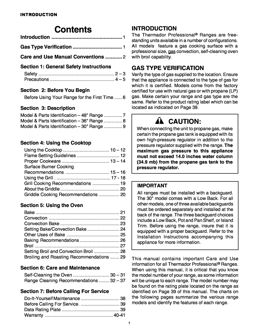 Thermador PG30 Contents, Introduction, Gas Type Verification, General Safety Instructions, Before You Begin, Description 