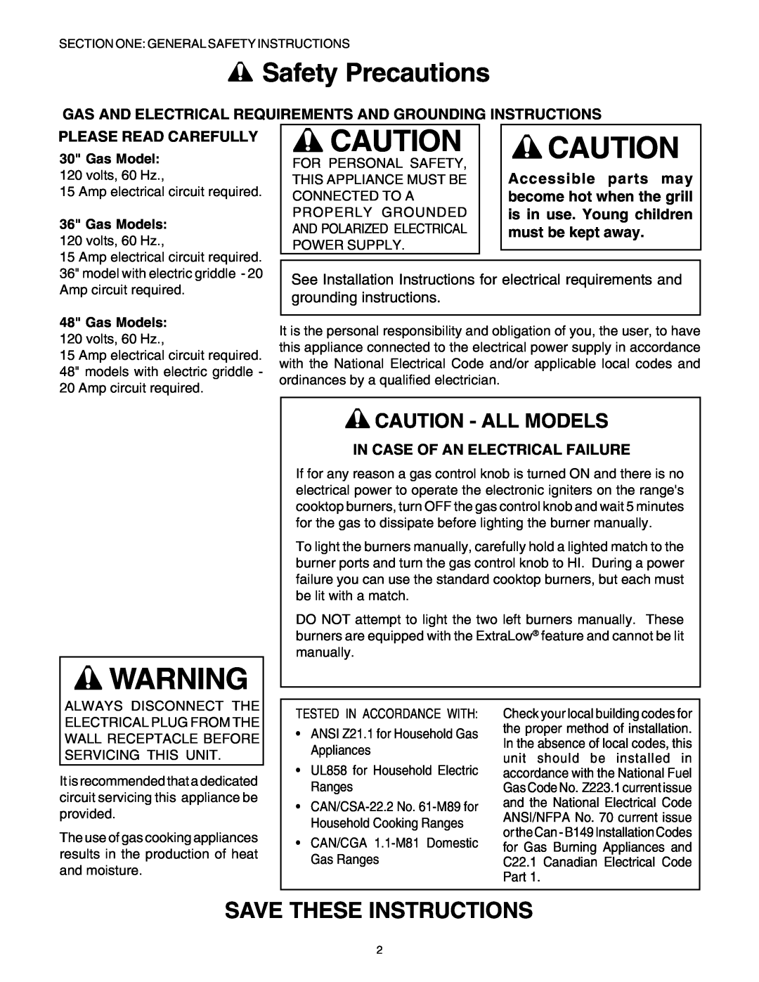 Thermador PG30 Safety Precautions, Save These Instructions, Caution - All Models, Please Read Carefully, Gas Model 