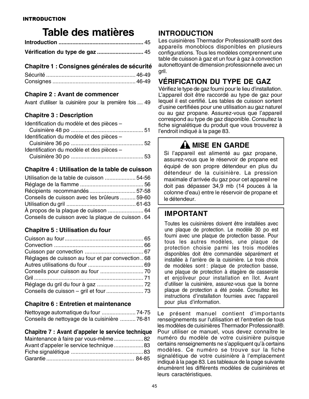 Thermador PG30 Table des matières, Vérification Du Type De Gaz, Mise En Garde, Chapire 2 : Avant de commencer 