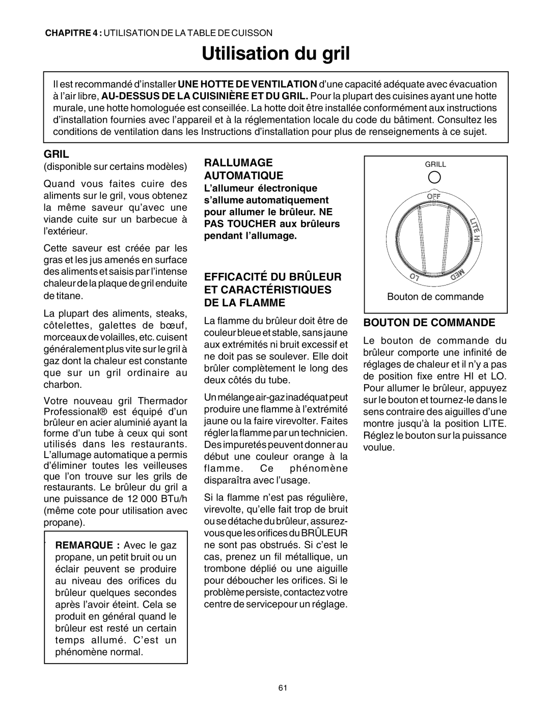 Thermador PG30 manuel dutilisation Utilisation du gril, Gril, Bouton De Commande, Rallumage Automatique 