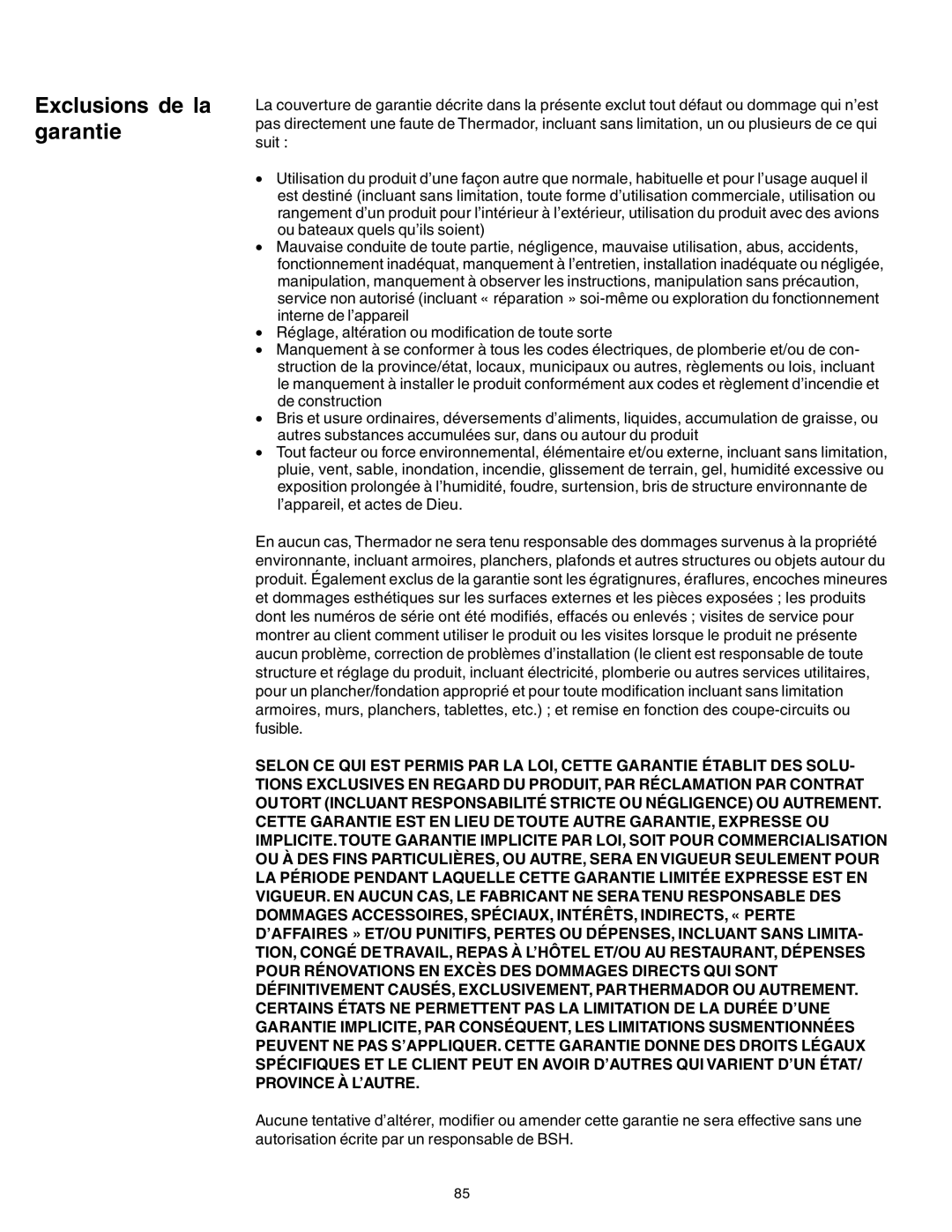 Thermador PG30 manuel dutilisation Exclusions de la garantie 