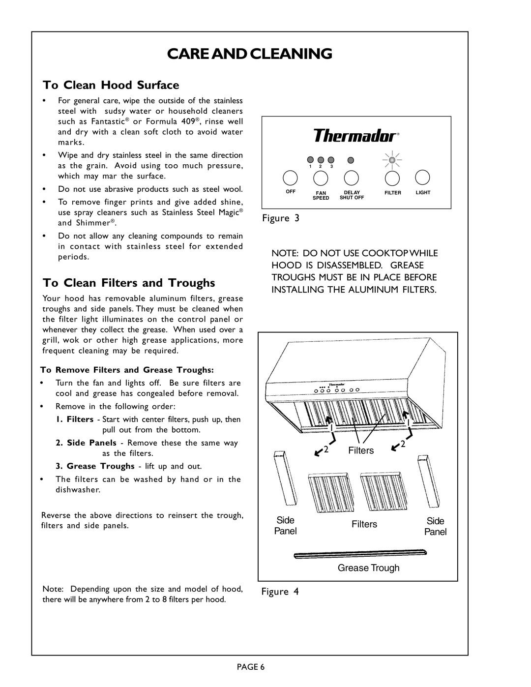 Thermador PH30ZS, PH36ZS, PH42ZS, PH48ZS, PH54ZS, PHI48ZS, PHI60ZS manual Care and Cleaning, To Clean Hood Surface 