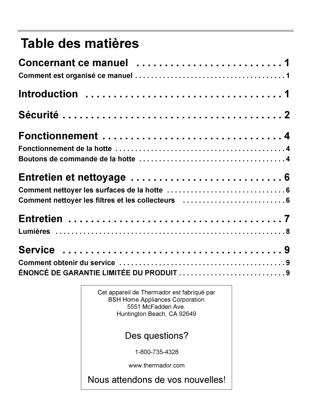 Thermador PH42, PH54, PH48, PH36, PH30 manual Table des matières 