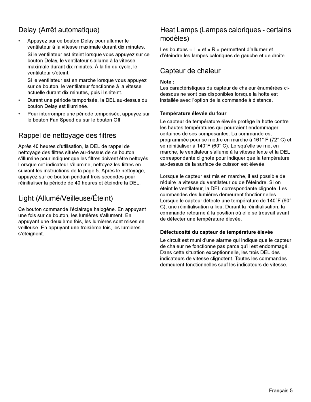 Thermador PH42 Delay Arrêt automatique, Rappel de nettoyage des filtres, Light Allumé/Veilleuse/Éteint, Capteur de chaleur 