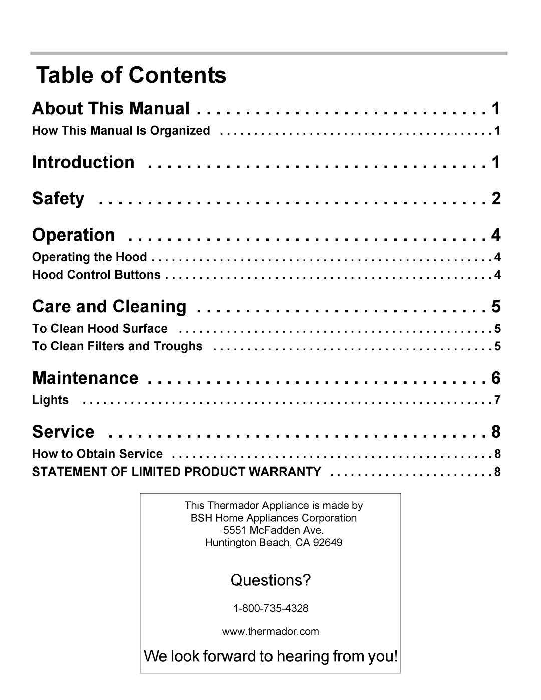 Thermador PH42, PH54, PH48, PH36, PH30 manual Table of Contents 