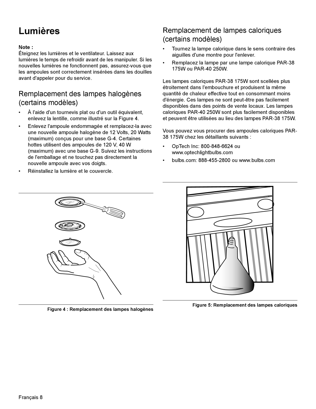 Thermador PH54, PH48, PH42, PH36, PH30 manual Lumières, Remplacement des lampes halogènes certains modèles 