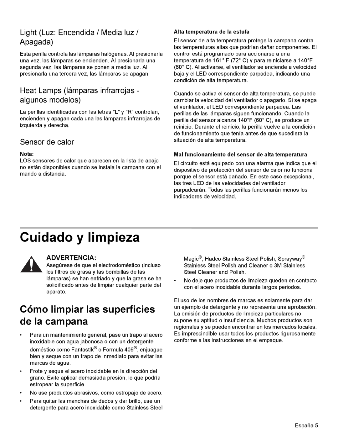 Thermador PH30 Cuidado y limpieza, Cómo limpiar las superficies de la campana, Light Luz Encendida / Media luz / Apagada 