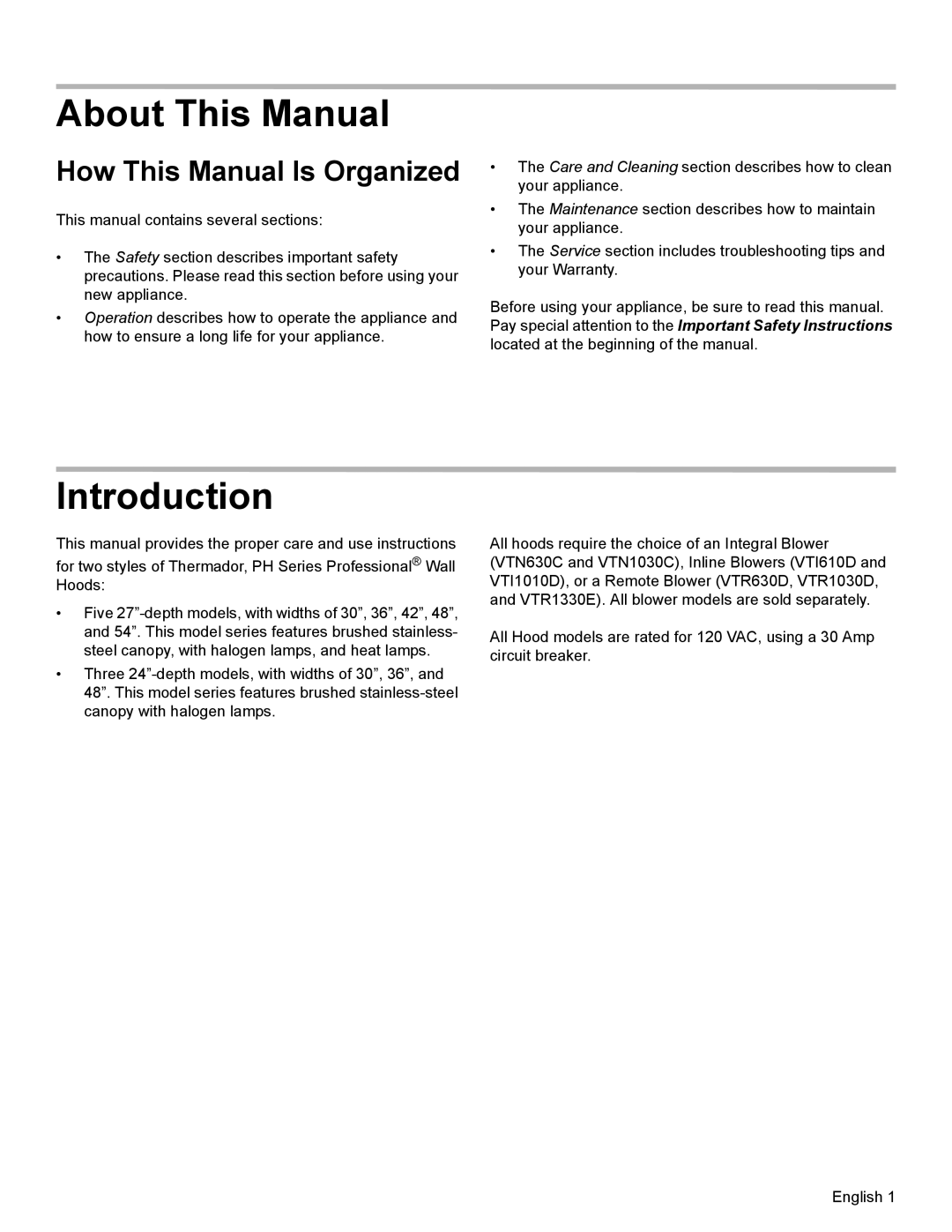 Thermador PH36, PH54, PH48, PH42, PH30 manual About This Manual, Introduction, How This Manual Is Organized 