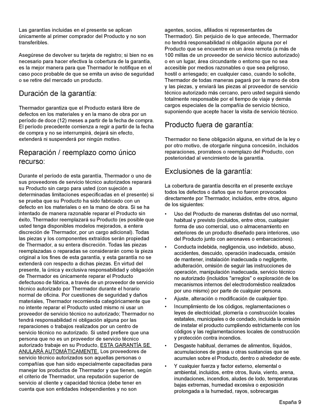 Thermador PH36, PH54, PH48 Duración de la garantía, Reparación / reemplazo como único recurso, Producto fuera de garantía 