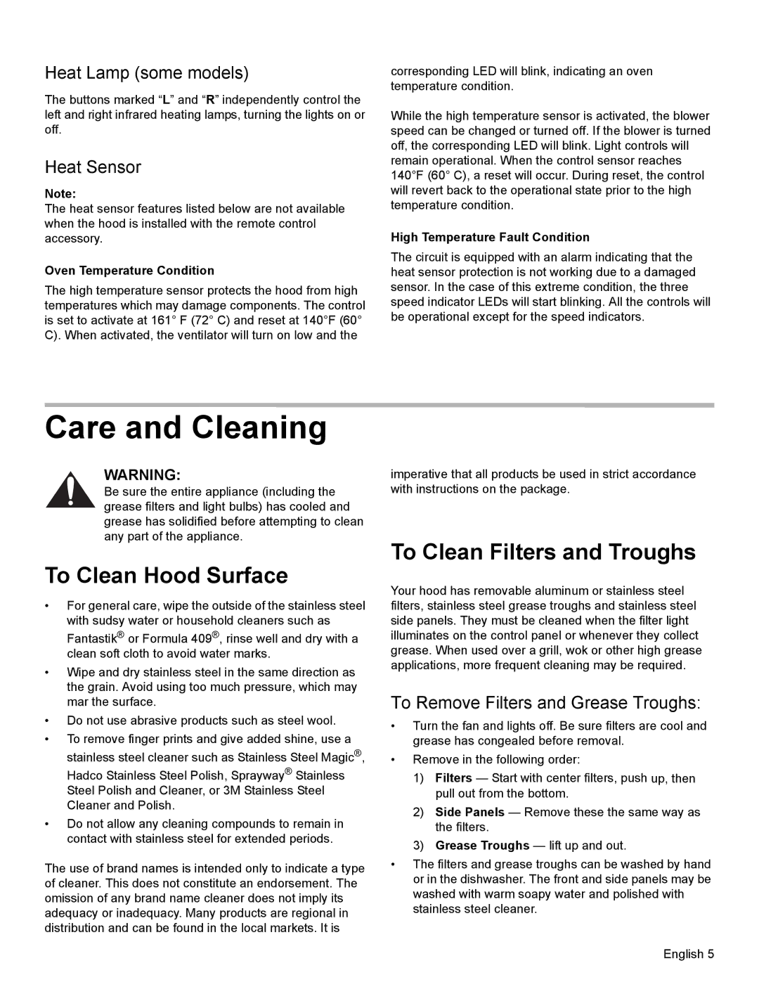 Thermador PH42, PH54, PH48, PH36 To Clean Hood Surface, To Clean Filters and Troughs, Heat Lamp some models, Heat Sensor 