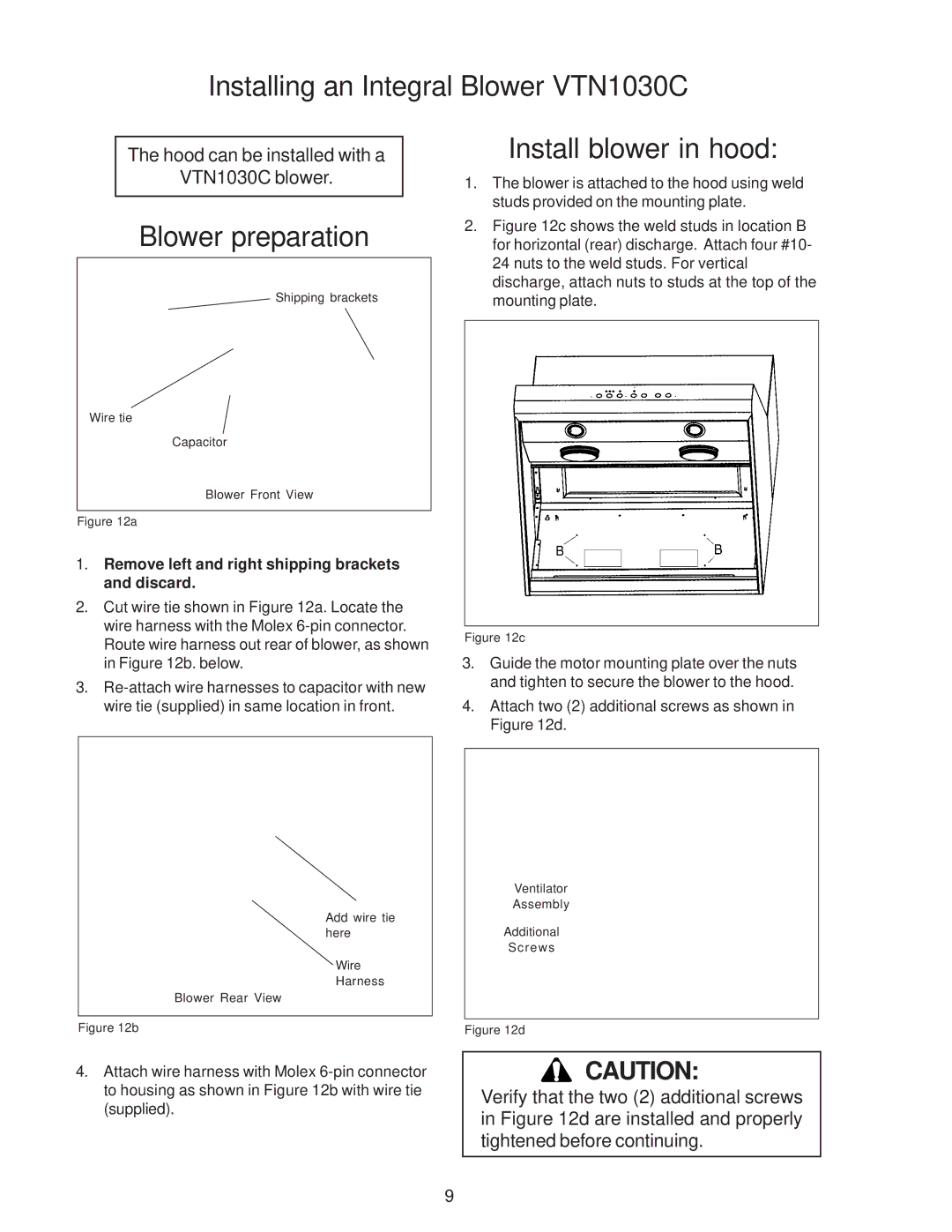 Thermador PH54, PH48, PH42, PH36, PH30 Installing an Integral Blower VTN1030C, Install blower in hood, Blower preparation 