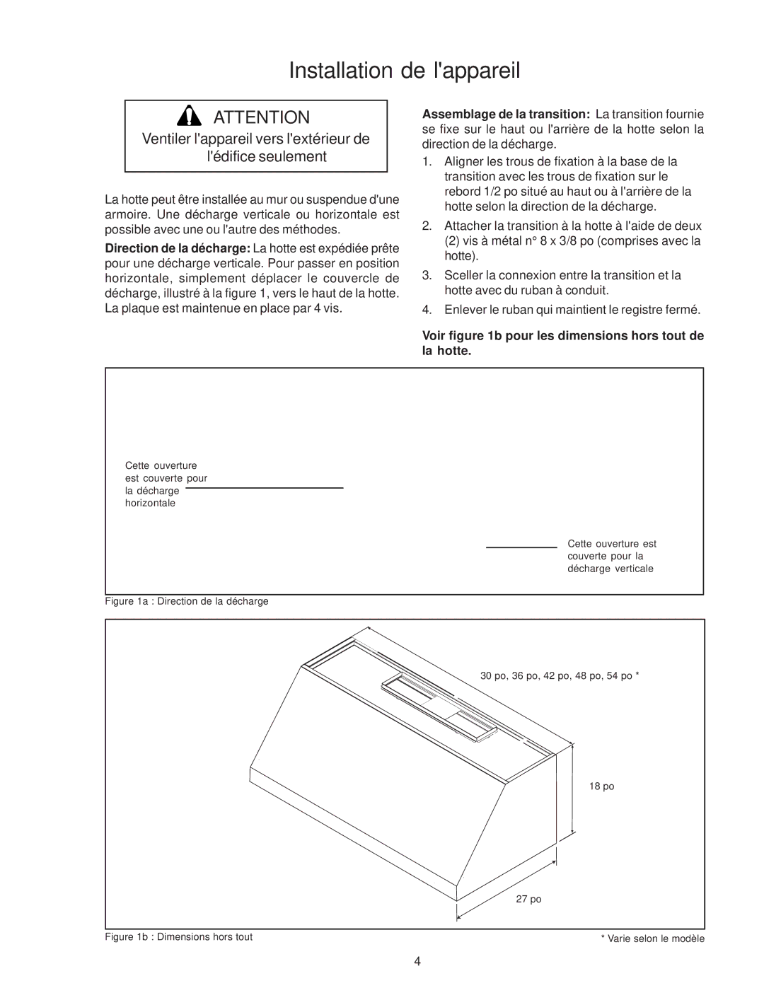 Thermador PH48, PH54, PH42, PH36, PH30 Installation de lappareil, Ventiler lappareil vers lextérieur de lédifice seulement 