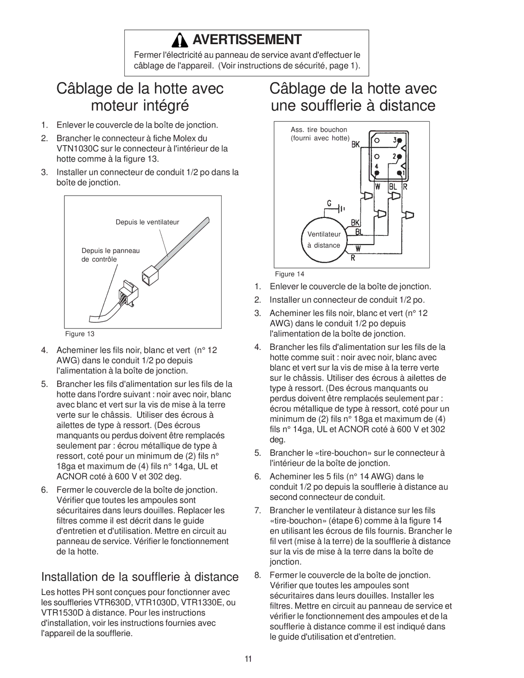 Thermador PH36, PH54, PH48, PH42, PH30 Câblage de la hotte avec Moteur intégré, Installation de la soufflerie à distance 