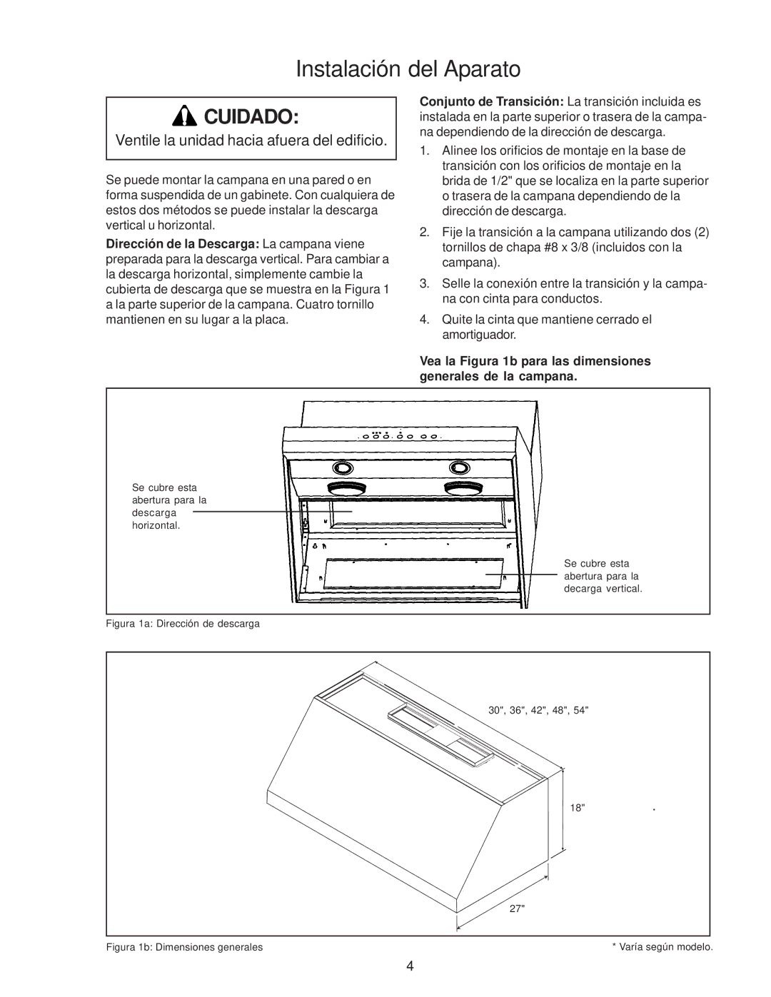 Thermador PH42, PH54, PH48, PH36, PH30 Instalación del Aparato, Figura 1a Dirección de descarga 30, 36, 42, 48 