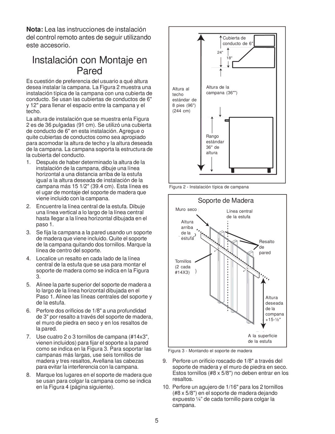 Thermador PH36, PH54, PH48, PH42, PH30 installation instructions Instalación con Montaje en Pared, Soporte de Madera 