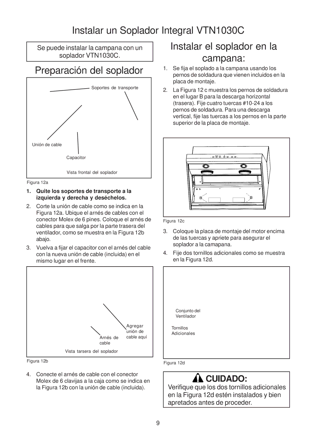 Thermador PH42, PH54 Instalar un Soplador Integral VTN1030C, Preparación del soplador, Instalar el soplador en la Campana 