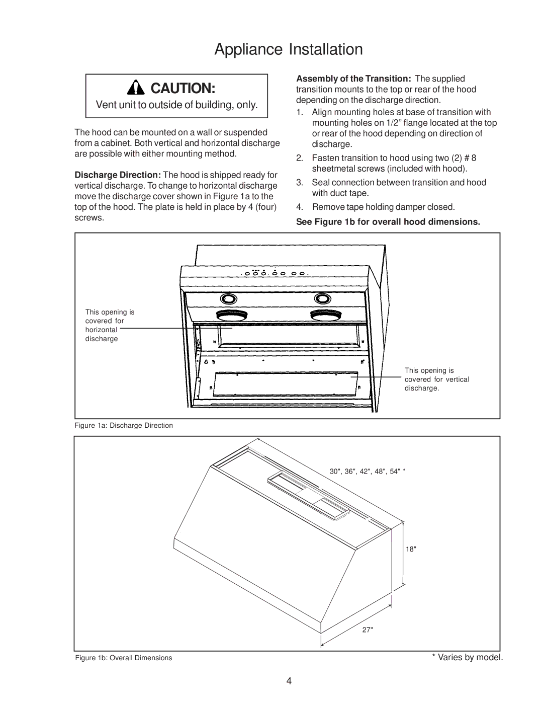 Thermador PH54, PH48, PH42, PH36, PH30 installation instructions Appliance Installation, Vent unit to outside of building, only 