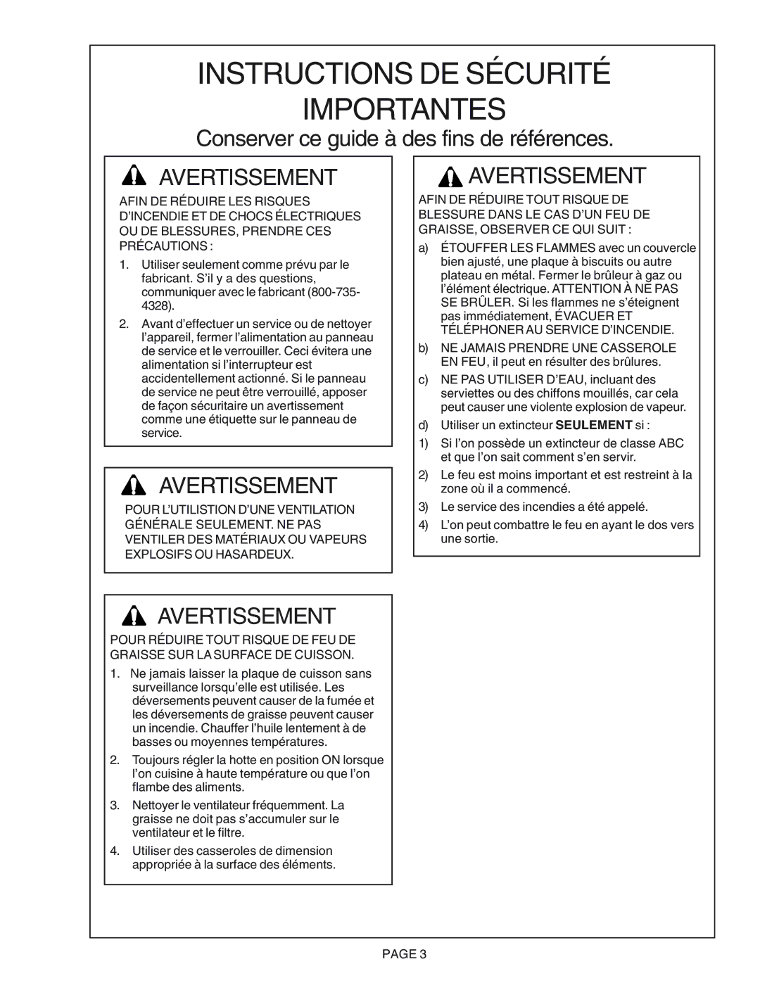 Thermador PH48CS, PH54CS Instructions DE Sécurité Importantes, Conserver ce guide à des fins de références, Avertissement 